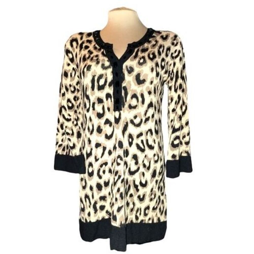 Joseph A. Jeweled Leopard Print 3/4 Sleeve Lightweight‎ Sweater Size M
